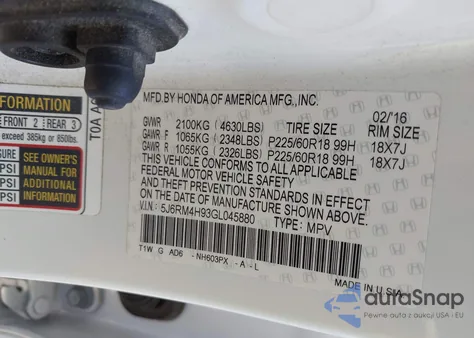 2016 Honda Cr-V Touring from USA, damaged, VIN 5J6RM4H93GL045880